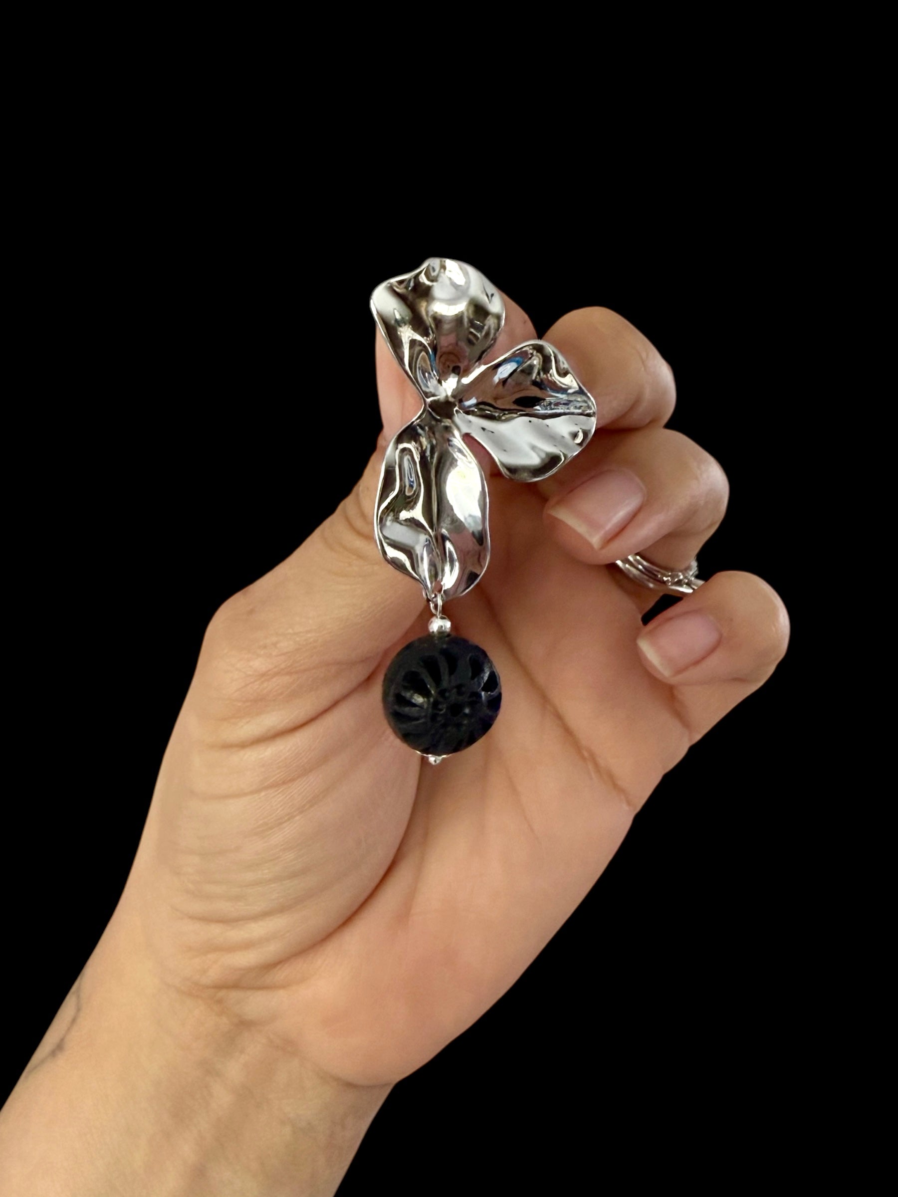 Silver Black Drop Earrings